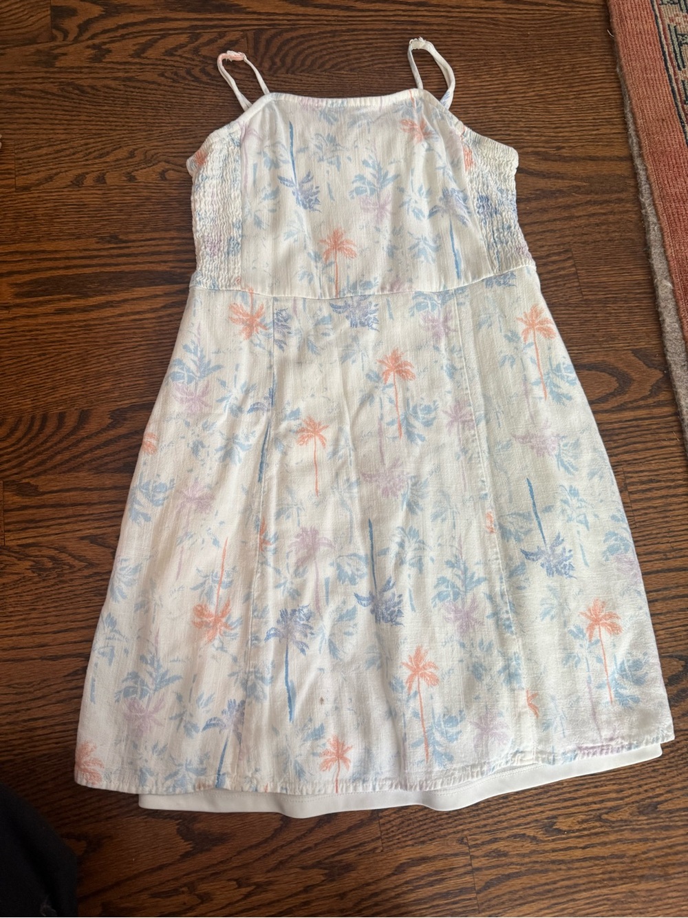 art class White Sundress with Pastel Blue, Coral, and Lavender Palm Print